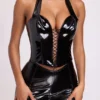Ophelia vinyl halternek korset crop top met vetersluiting in zwart