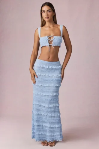 Orena maxi-rok met ruches en middelhoge taille in poederblauw