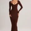 Ori Modal Peekaboo midi-jurk met lange mouwen in chocoladebruin