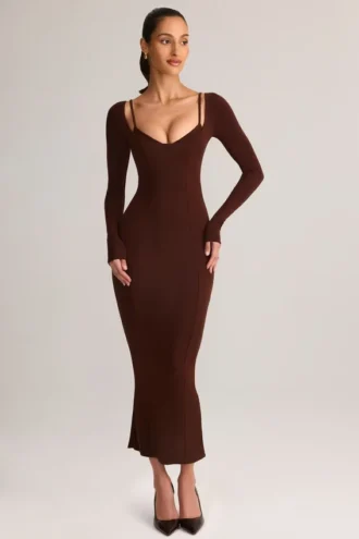 Ori Modal Peekaboo midi-jurk met lange mouwen in chocoladebruin
