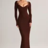 Ori Modal Peekaboo midi-jurk met lange mouwen in chocoladebruin