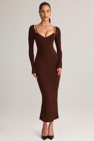 Ori Modal Peekaboo midi-jurk met lange mouwen in chocoladebruin