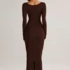 Ori Modal Peekaboo midi-jurk met lange mouwen in chocoladebruin