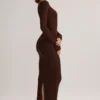 Ori Modal Peekaboo midi-jurk met lange mouwen in chocoladebruin