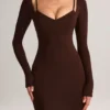 Ori Modal Peekaboo midi-jurk met lange mouwen in chocoladebruin