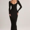 Ori Modal Peekaboo midi-jurk met lange mouwen in zwart