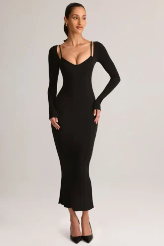 Ori Modal Peekaboo midi-jurk met lange mouwen in zwart