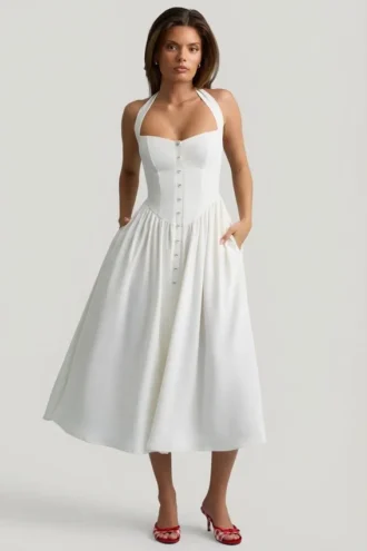 Orlena halterjurk met knoopdetails in wit