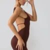 Orli Slinky Jersey minijurk met open rug in Espresso