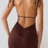 Orli Slinky Jersey minijurk met open rug in Espresso