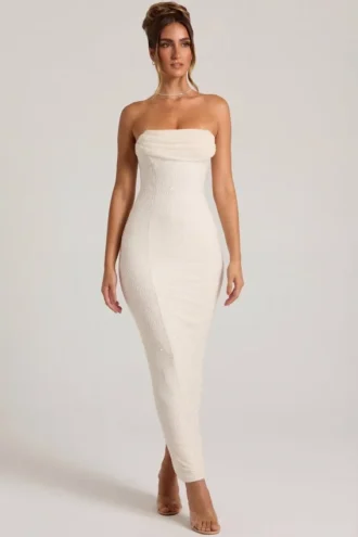 Palermo versierde bandeau maxi-jurk met cowl-hals in wit
