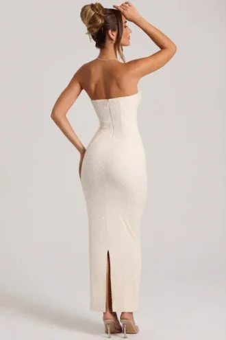 Palermo versierde bandeau maxi-jurk met cowl-hals in wit