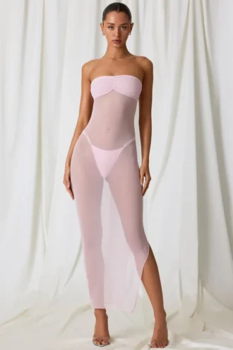 Papeete midi-jurk met ruches en bandeau in zachtroze
