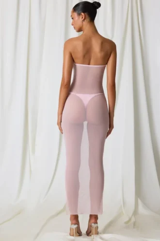 Papeete midi-jurk met ruches en bandeau in zachtroze