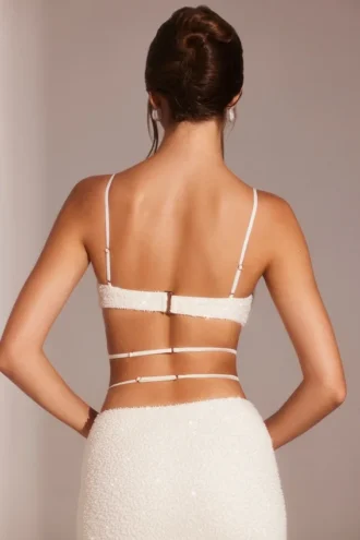 Parma versierde beugel-crop-top met bandjes in wit