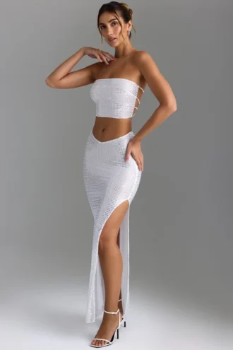 Pelagia versierde maxi-rok met V-taille en split aan de zijkant in wit