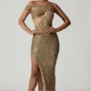 Persephone versierde asymmetrische jurk met uitsnijdingen in goud