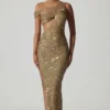 Persephone versierde asymmetrische jurk met uitsnijdingen in goud