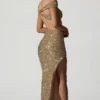Persephone versierde asymmetrische jurk met uitsnijdingen in goud