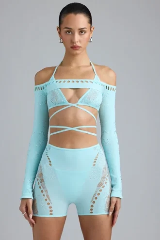 Pixie versierde cropped bolero in ijsblauw