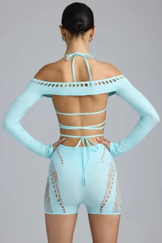 Pixie versierde cropped bolero in ijsblauw
