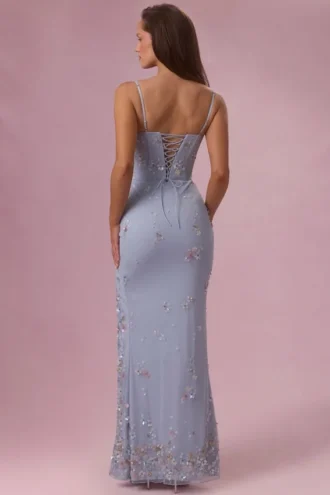 Primara versierde corset-maxijurk in poederblauw