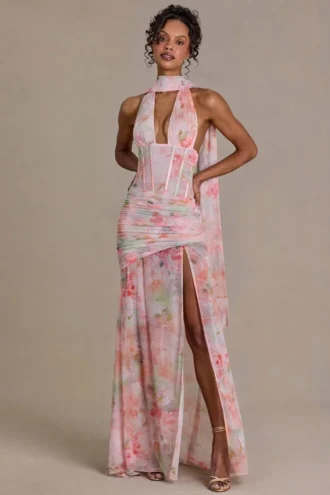 Primrose Premium maxi-jurk met sjaaldetails en roze bloemenprint