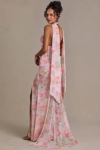 Primrose Premium maxi-jurk met sjaaldetails en roze bloemenprint