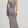 Prudy off-shoulder maxijurk met ruches en strikdetail in staalgrijs