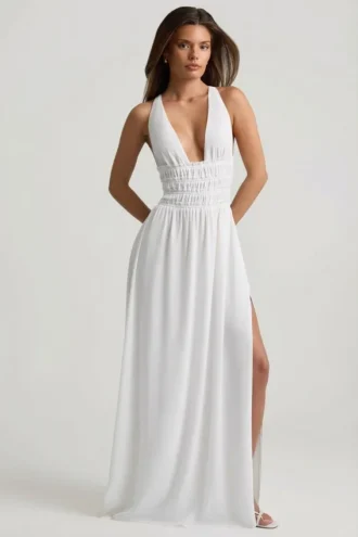 Pryana Plunge Maxi-jurk met gekruiste rug in wit