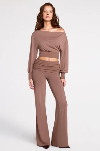 Thea Modal lage taille rechte broek in mokka