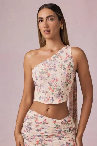 Rae top met sjaaldetail en één schouder in primrose bloemenprint