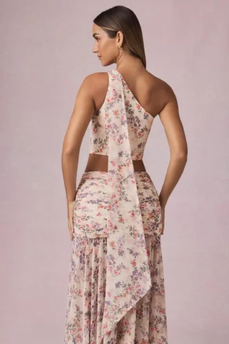 Rae top met sjaaldetail en één schouder in primrose bloemenprint