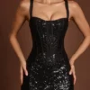 Raffaella versierde Peekaboo-corset Midaxi-jurk in zwarte zebra
