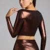 Rana crop top met diepe halslijn van metallic jersey in koperbrons