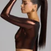 Rana crop top met diepe halslijn van metallic jersey in koperbrons