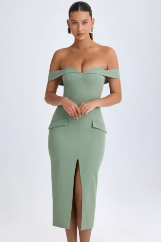 Rasine off-shoulder midi-jurk in kakigroen