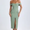 Rasine off-shoulder midi-jurk in kakigroen