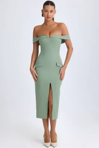 Rasine off-shoulder midi-jurk in kakigroen