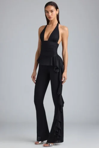 Reese metallic flared broek met ruches en lage taille in zwart