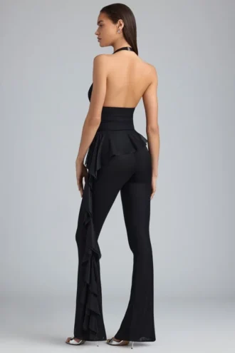 Reese metallic flared broek met ruches en lage taille in zwart