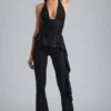 Reese metallic flared broek met ruches en lage taille in zwart