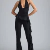 Reese metallic flared broek met ruches en lage taille in zwart