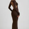 Regine Modal gerimpelde rugloze maxi-jurk in chocoladebruin