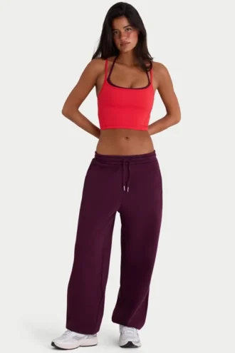 Relaxte joggingbroek van geborsteld katoenjersey met middelhoge taille in bordeauxrood
