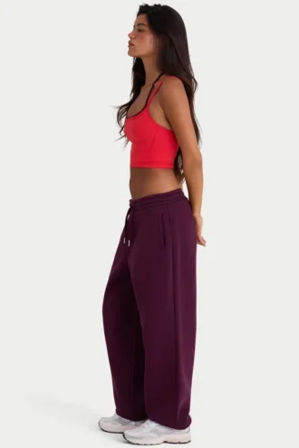 Relaxte joggingbroek van geborsteld katoenjersey met middelhoge taille in bordeauxrood
