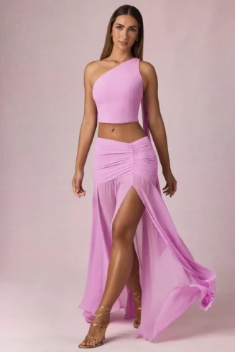 Romy asymmetrische maxi-rok met ruches in Pink Orchid