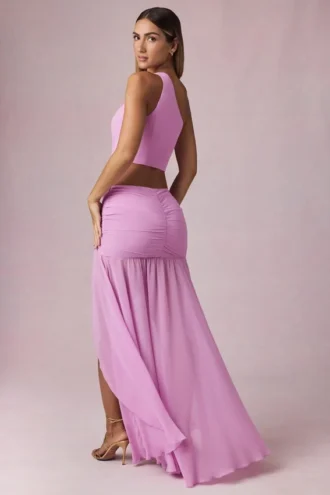 Romy asymmetrische maxi-rok met ruches in Pink Orchid