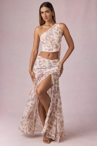 Romy asymmetrische maxi-rok met ruches in primrose bloemenprint