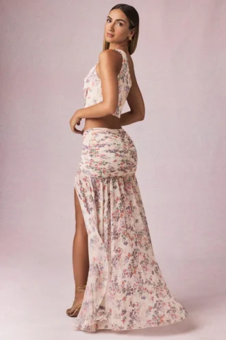 Romy asymmetrische maxi-rok met ruches in primrose bloemenprint